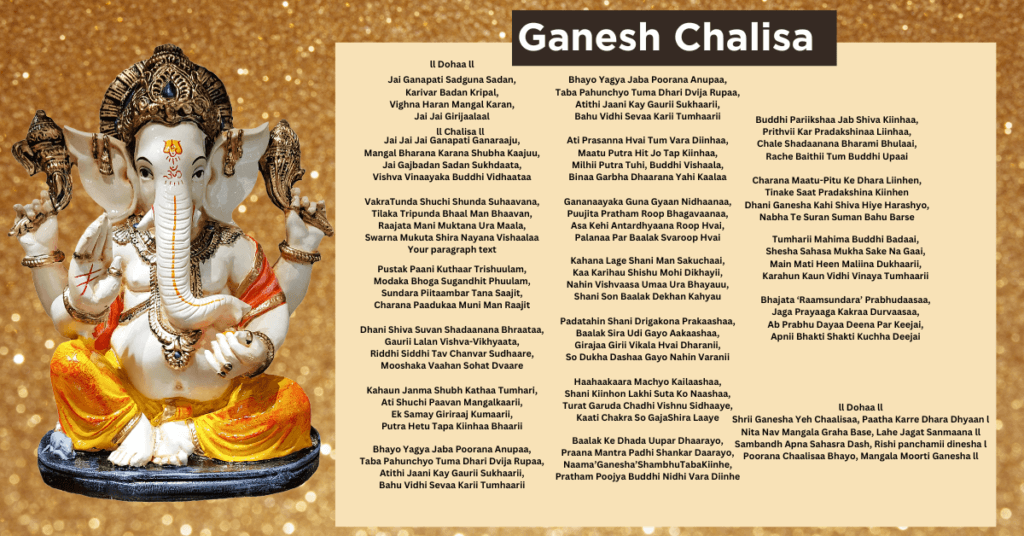 Ganesh Chalisa text in Hindi and English translation with meaning